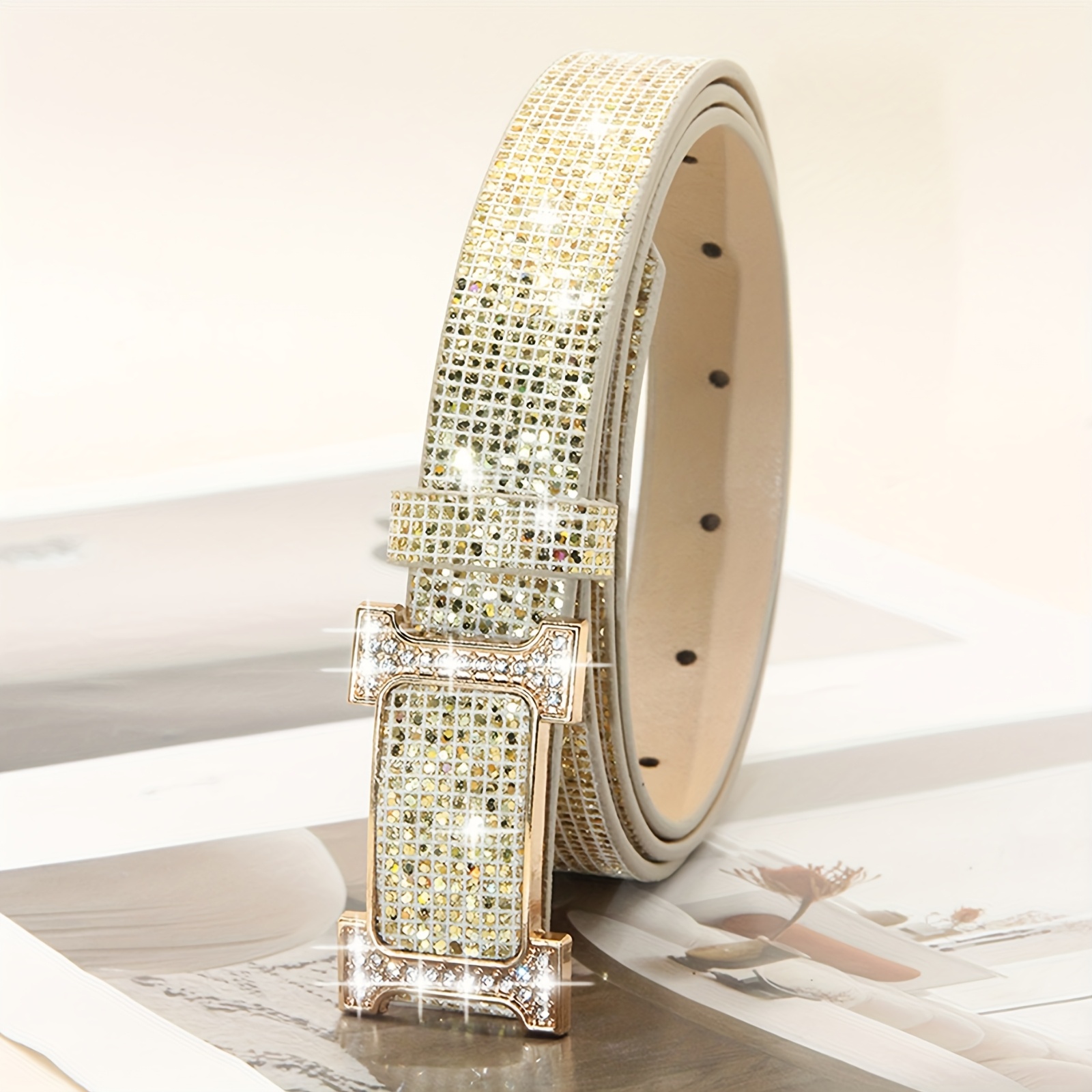Women's Rhinestone PU Belt Glamorous Waist Cinch for Jeans & Pants
